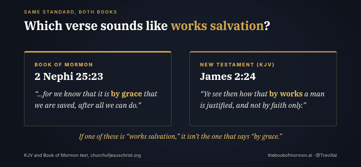 Side-by-side comparison. Left: 2 Nephi 25:23, “it is by grace that we are saved, after all we can do.” Right: James 2:24, “by works a man is justified, and not by faith only.” A caption asks which verse sounds more like works salvation.