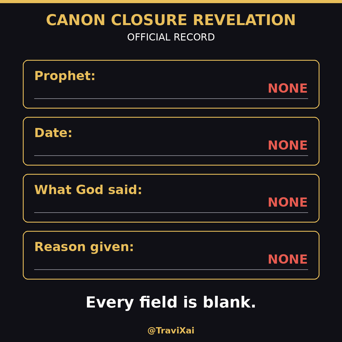 Form titled Canon Closure Revelation: prophet, date, what God said, and reason given are all none