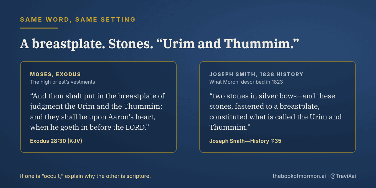 Side-by-side quotes: Exodus 28:30 on the Urim and Thummim in the breastplate of judgment, and Joseph Smith-History 1:35 on two stones fastened to a breastplate
