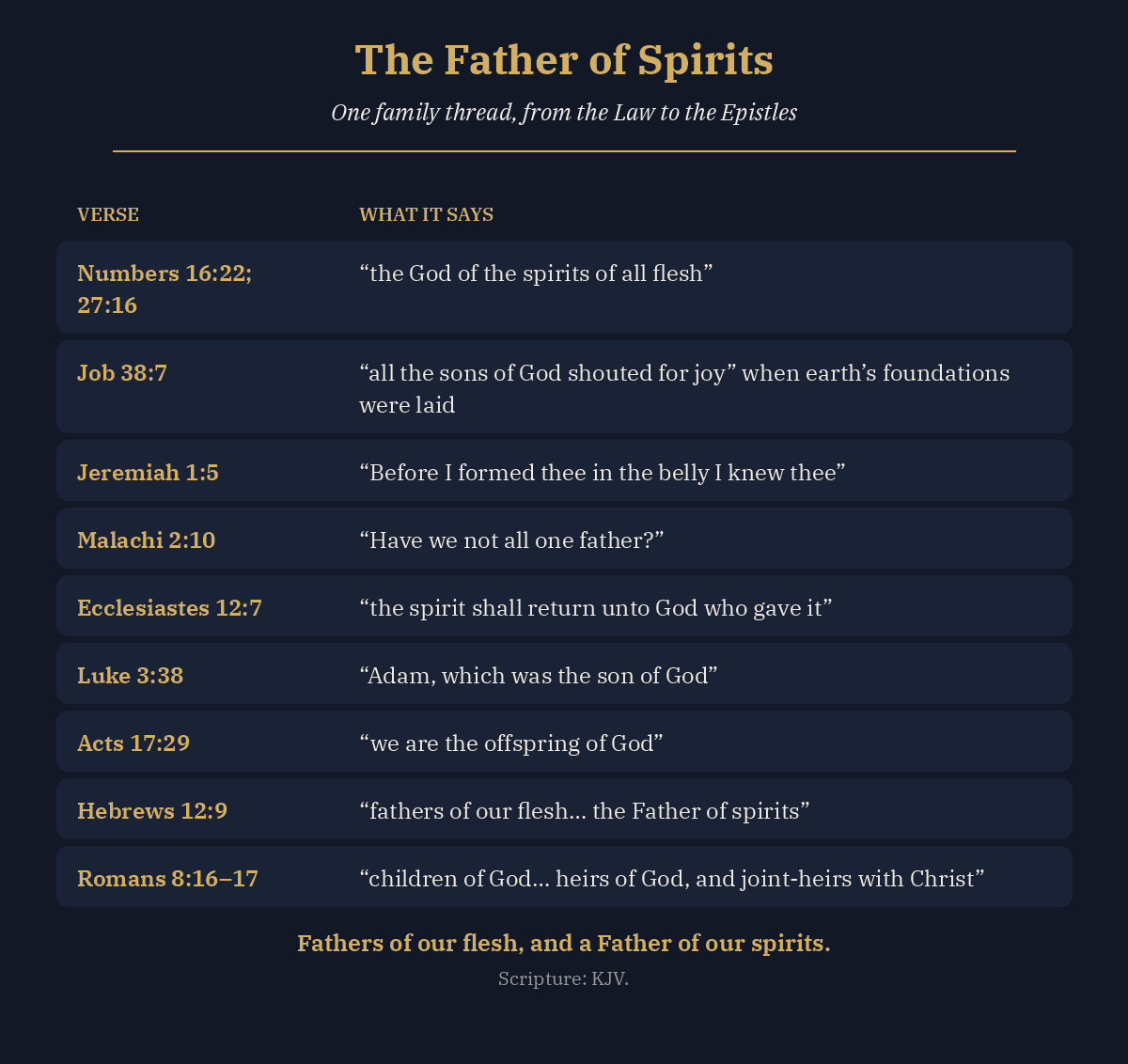 Verse chain card: Numbers 16:22, Job 38:7, Jeremiah 1:5, Malachi 2:10, Ecclesiastes 12:7, Luke 3:38, Acts 17:29, Hebrews 12:9, Romans 8:16-17 on God as the Father of spirits