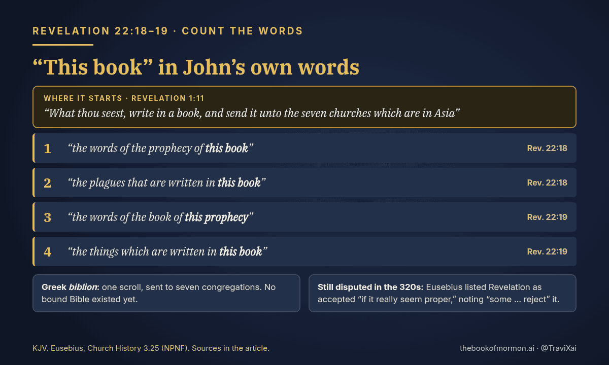 Card: the five times Revelation 22:18-19 says this book or this prophecy, with Revelation 1:11, write in a book and send it unto the seven churches