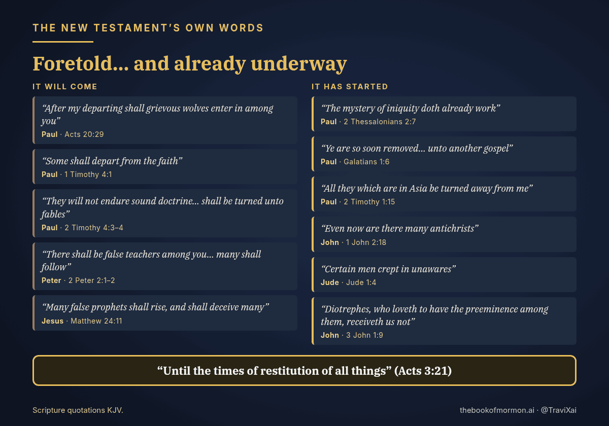 Chart in two columns. It will come: Acts 20:29, 1 Timothy 4:1, 2 Timothy 4:3–4, 2 Peter 2:1–2, Matthew 24:11. It has started: 2 Thessalonians 2:7, Galatians 1:6, 2 Timothy 1:15, 1 John 2:18, Jude 1:4, 3 John 1:9. Below: “Until the times of restitution of all things” (Acts 3:21).