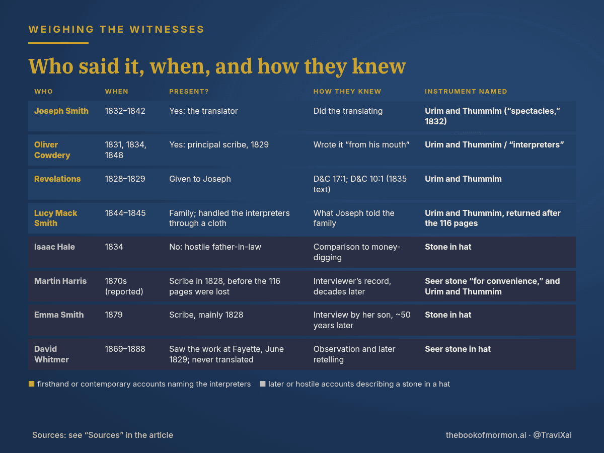 Comparison chart of translation witnesses: who, when, whether present, how they knew, and the instrument each named
