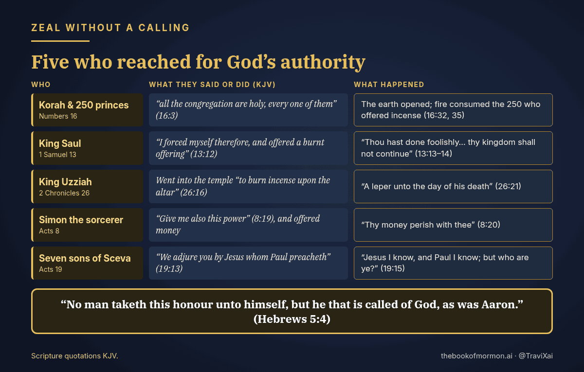 Chart: Korah, King Saul, King Uzziah, Simon the sorcerer, and the seven sons of Sceva, each with what they said or did (KJV) and what happened, with Hebrews 5:4 below