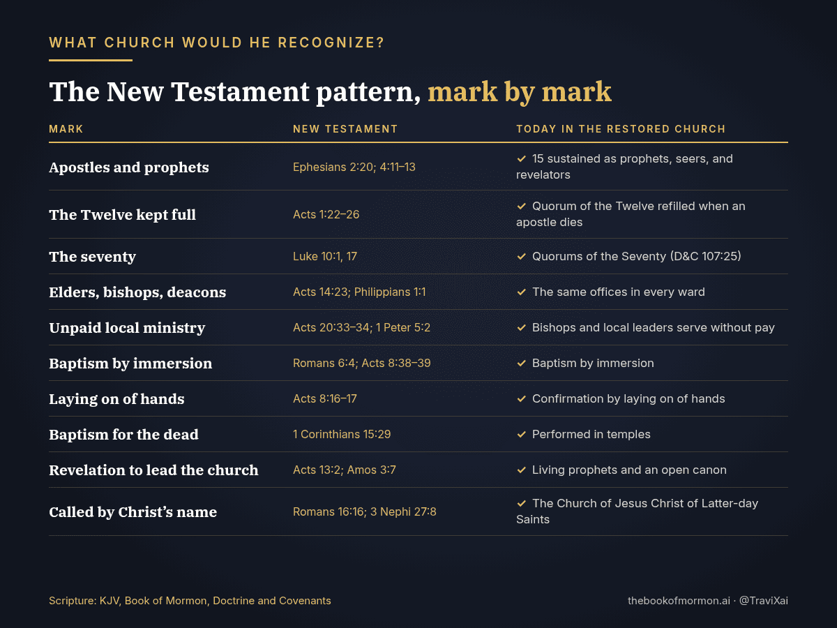 Checklist card: the New Testament pattern with its references (apostles and prophets, Ephesians 2:20 and 4:11–13; the Twelve kept full, Acts 1:22–26; the seventy, Luke 10:1; elders, bishops, deacons, Acts 14:23 and Philippians 1:1; baptism by immersion, Romans 6:4; gift of the Holy Ghost by laying on of hands, Acts 8:17; baptism for the dead, 1 Corinthians 15:29; revelation to lead the church, Acts 13:2; the name of Christ, 3 Nephi 27:8) beside where each appears in The Church of Jesus Christ of Latter-day Saints today