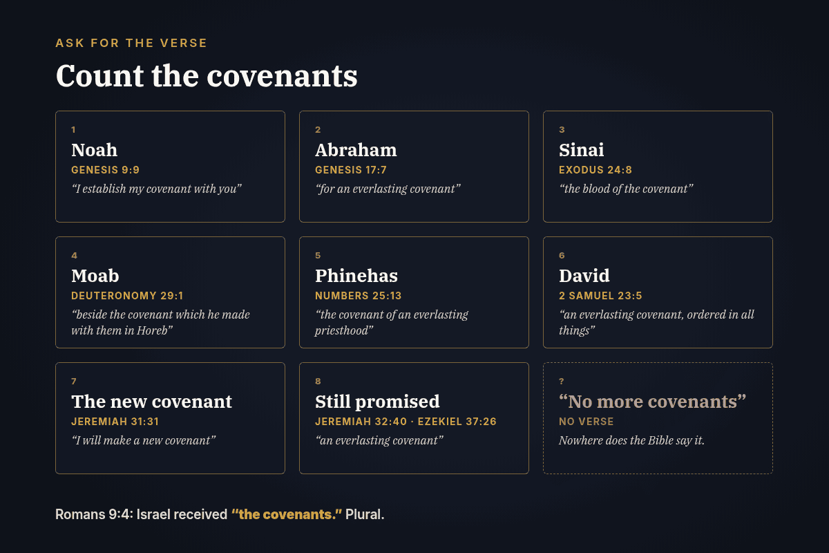 Chart titled Count the covenants. Eight gold-bordered tiles: Noah, Genesis 9:9; Abraham, Genesis 17:7; Sinai, Exodus 24:8; Moab, Deuteronomy 29:1, beside the covenant made in Horeb; Phinehas, Numbers 25:13, an everlasting priesthood; David, 2 Samuel 23:5, an everlasting covenant; the new covenant, Jeremiah 31:31; and the promised everlasting covenant, Jeremiah 32:40 and Ezekiel 37:26. A ninth dashed tile reads No more covenants? No verse. Footer quotes Romans 9:4: the covenants.