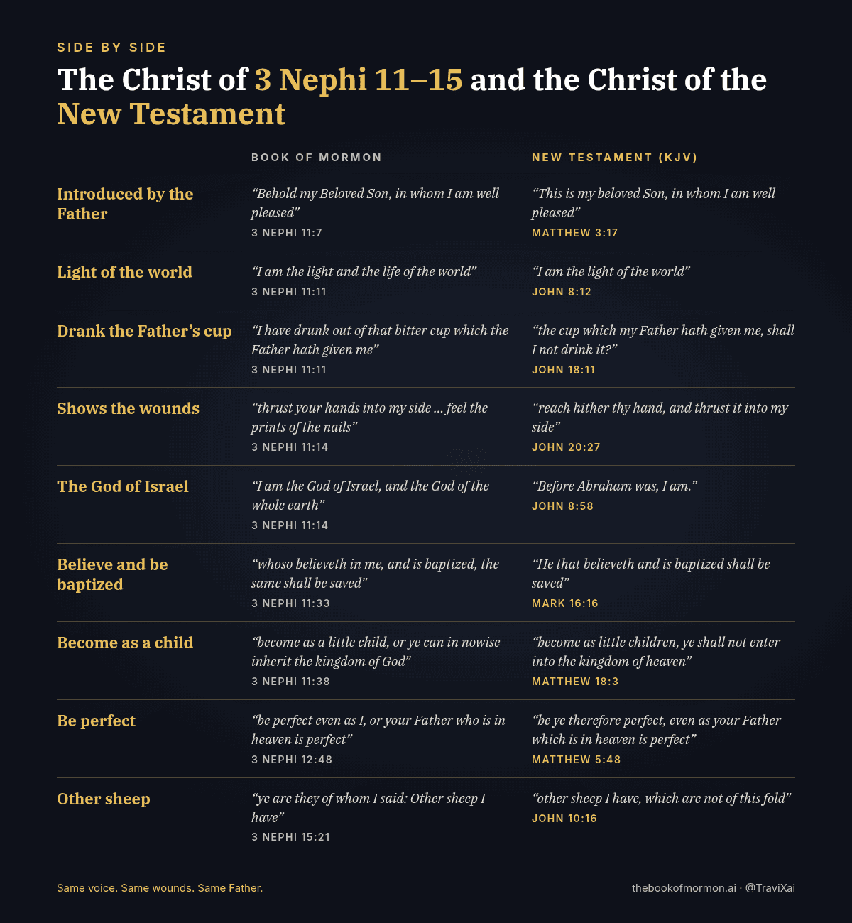Side-by-side chart comparing the words of Christ in 3 Nephi 11–15 with the New Testament: introduced by the Father, light of the world, the Father’s cup, the wounds, God of Israel, believe and be baptized, become as a child, be perfect, other sheep.