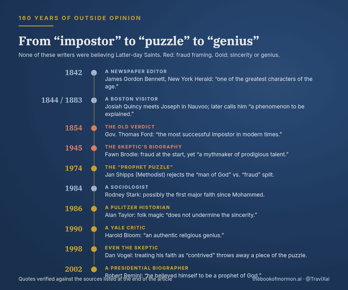 Timeline of non-LDS opinion on Joseph Smith from 1842 to 2002: Bennett, Quincy, Ford, Brodie, Shipps, Stark, Taylor, Bloom, Vogel, Remini