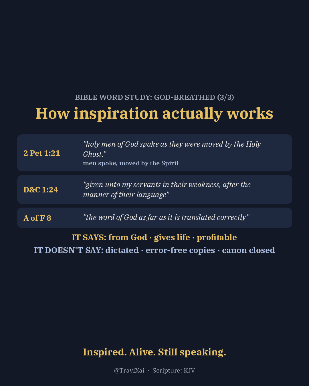 Card on how inspiration works: holy men of God spake as they were moved by the Holy Ghost (2 Peter 1:21), and D&C 1:24.